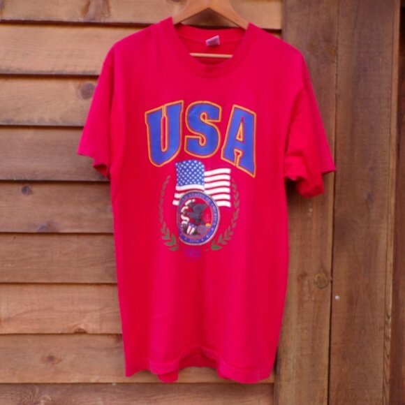 Vintage Other - Vintage Men's XL USA Flag Graphic Single Stitch Red Cotton Made in USA T-Shirt.